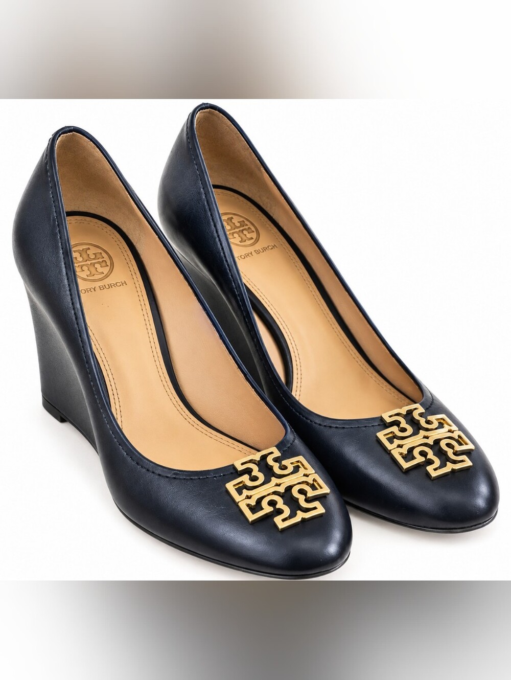 Tory Burch Black Leather Wedge Flats with Gold Logo